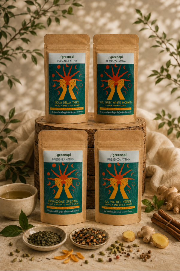 Rituale Presenza Attiva Greenspi con Isola della Tigre, Earl Grey White Monkey, Ispirazione Speziata e La Via del Verde.
